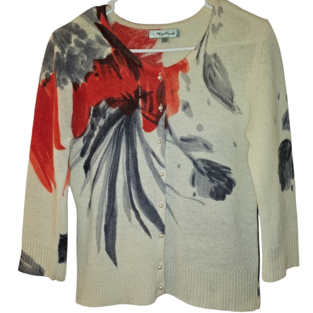 Beth Bowley Lambs Wool Cream and Red Floral Cardigan Faux Pearl Buttons Sz Large
